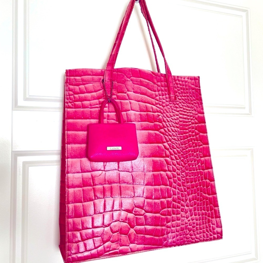 PINK CROCO EMBOSSED VINYL SHOULDER TOTE BAG HANDBAG